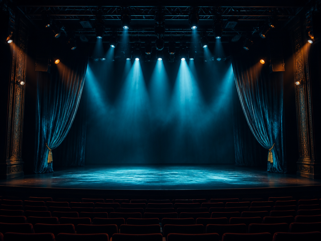 Theatre stage bathed in dramatic teal and blue stage lighting